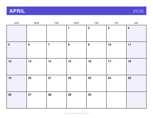 April 2026 printable calendar in the Bold Primary style