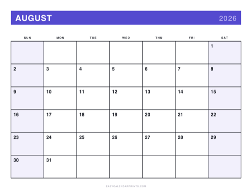 August 2026 printable calendar in the Bold Primary style