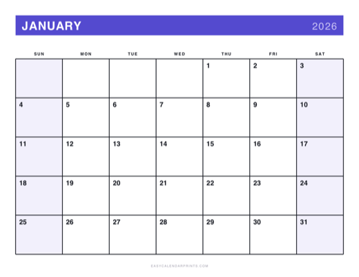2026 printable calendar, Bold Primary style