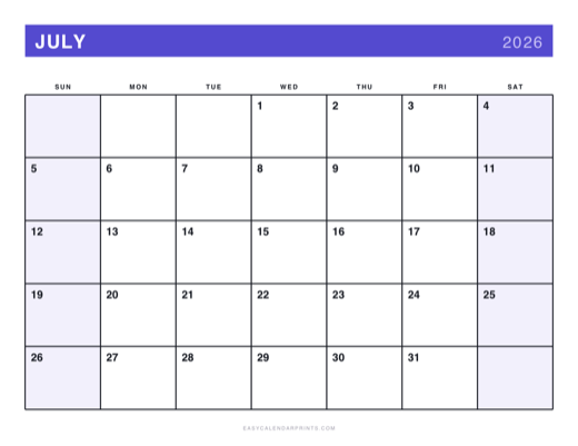 July 2026 printable calendar in the Bold Primary style