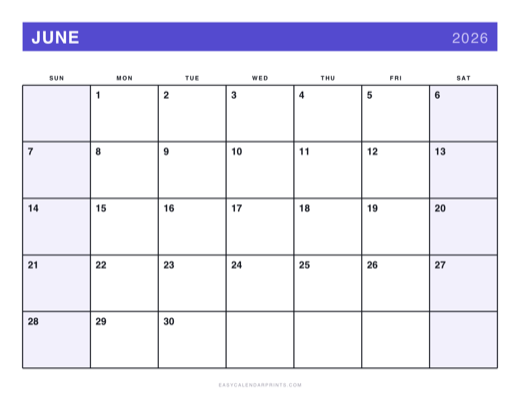 June 2026 printable calendar in the Bold Primary style