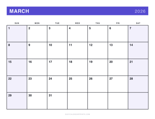 March 2026 printable calendar in the Bold Primary style