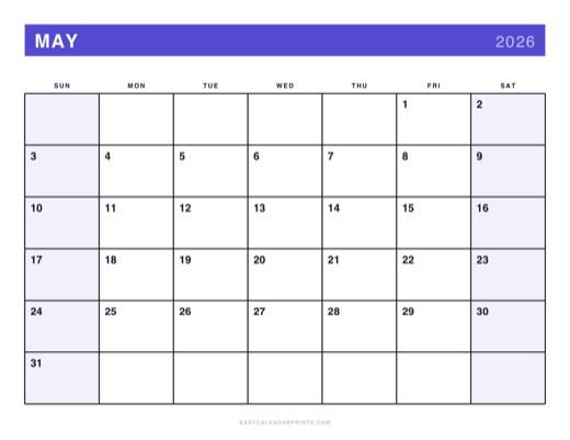 May 2026 printable calendar in the Bold Primary style