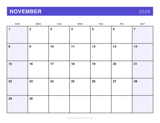 November 2026 printable calendar in the Bold Primary style