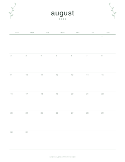 August 2026 printable calendar in the Botanical Line style