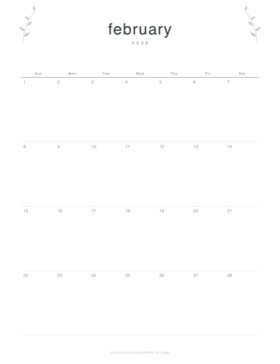 February 2026 printable calendar in the Botanical Line style