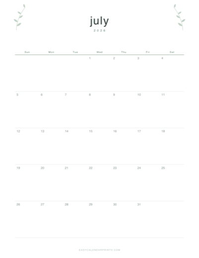 July 2026 printable calendar in the Botanical Line style