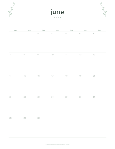 June 2026 printable calendar in the Botanical Line style