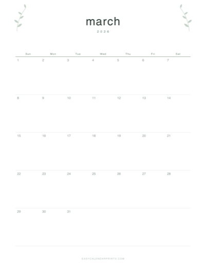 March 2026 printable calendar in the Botanical Line style