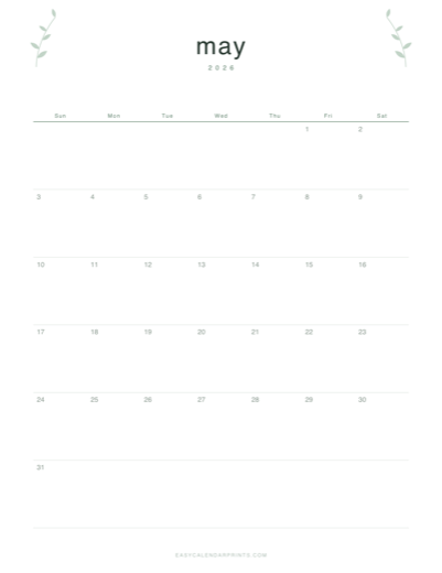 May 2026 printable calendar in the Botanical Line style
