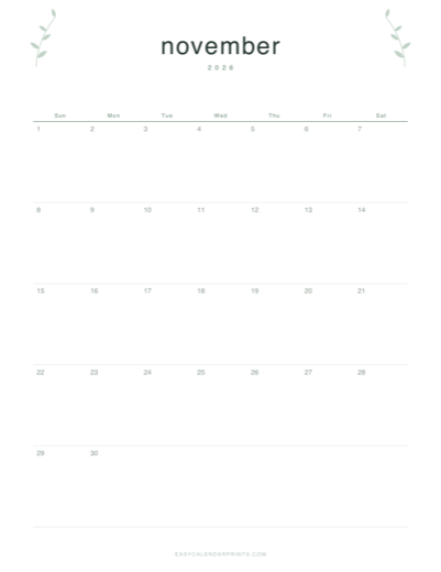 November 2026 printable calendar in the Botanical Line style