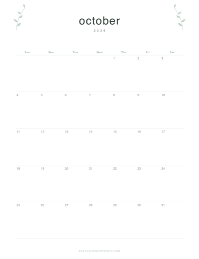 October 2026 printable calendar in the Botanical Line style