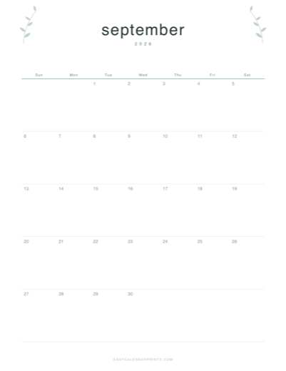 September 2026 printable calendar in the Botanical Line style
