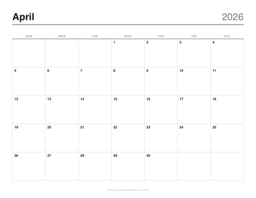 April 2026 printable calendar in the Classic Grid style