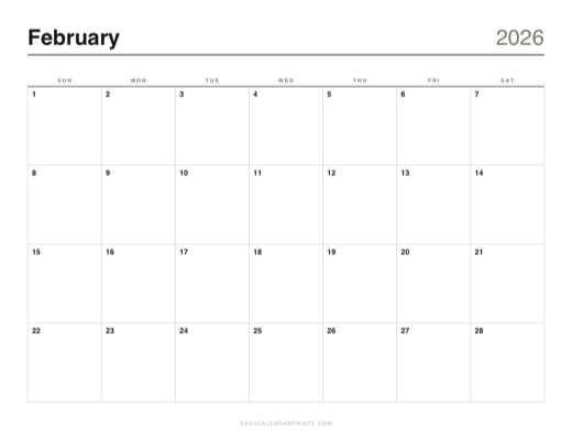 February 2026 printable calendar in the Classic Grid style