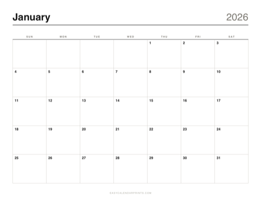 January 2026 printable calendar in the Classic Grid style