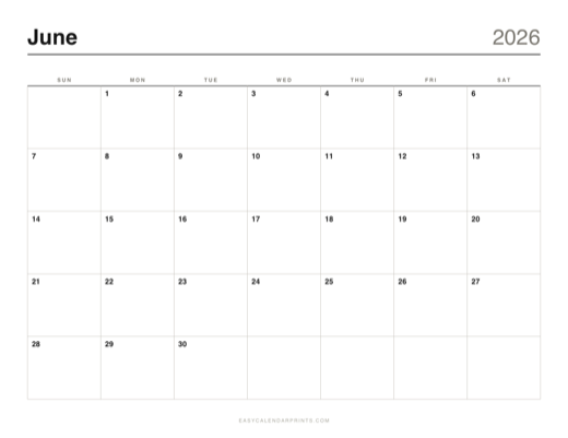 June 2026 printable calendar in the Classic Grid style
