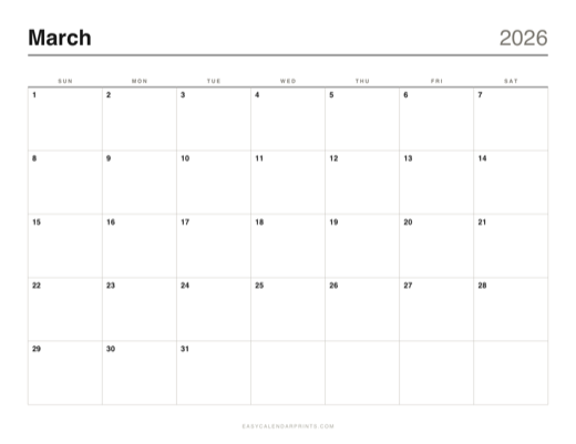 March 2026 printable calendar in the Classic Grid style
