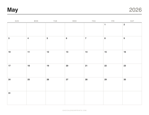 May 2026 printable calendar in the Classic Grid style