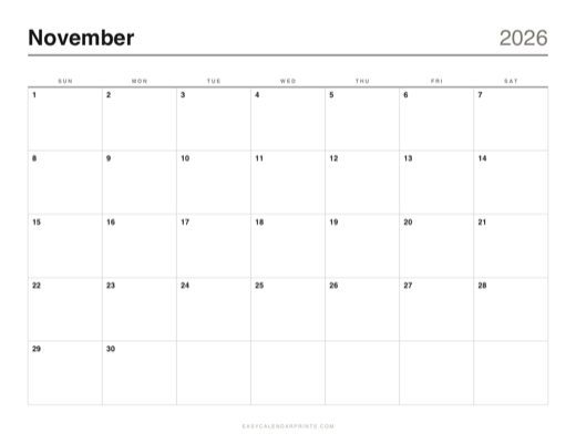 November 2026 printable calendar in the Classic Grid style