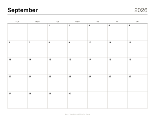September 2026 printable calendar in the Classic Grid style