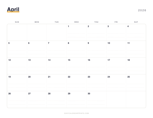 April 2026 printable calendar in the Dotted Notes style