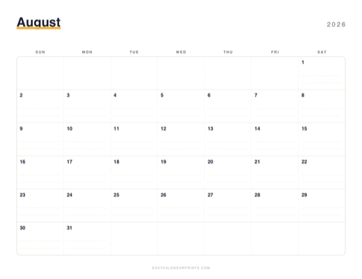 August 2026 printable calendar in the Dotted Notes style