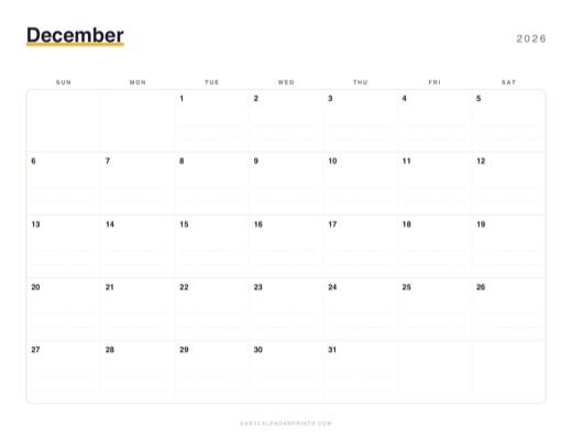 December 2026 printable calendar in the Dotted Notes style