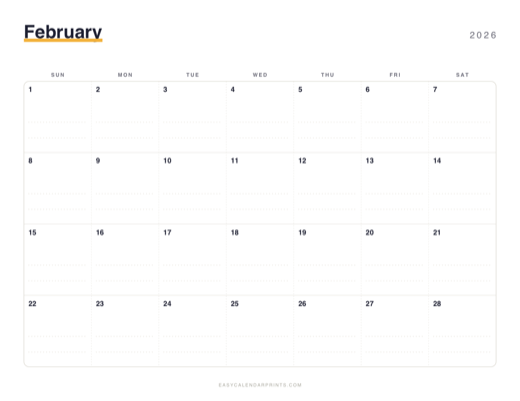 February 2026 printable calendar in the Dotted Notes style