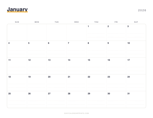 2026 printable calendar, Dotted Notes style