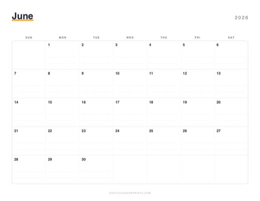 June 2026 printable calendar in the Dotted Notes style