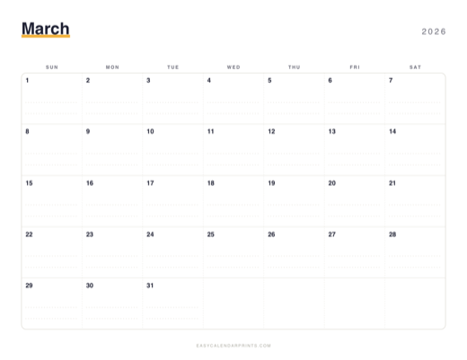 March 2026 printable calendar in the Dotted Notes style