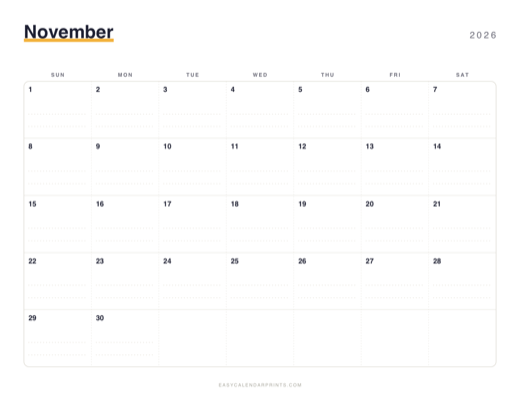 November 2026 printable calendar in the Dotted Notes style
