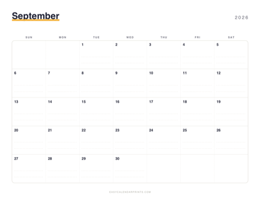 September 2026 printable calendar in the Dotted Notes style