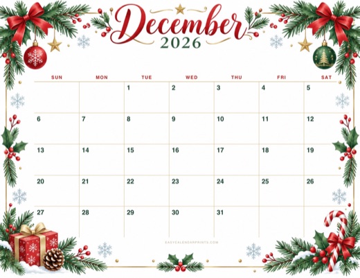 December 2026 printable calendar in the Seasonal style