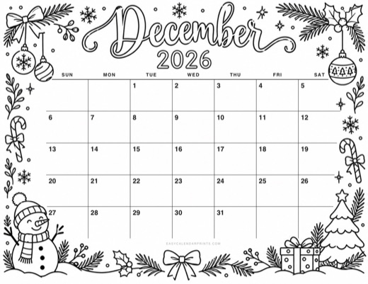 December 2026 printable calendar in the Seasonal style