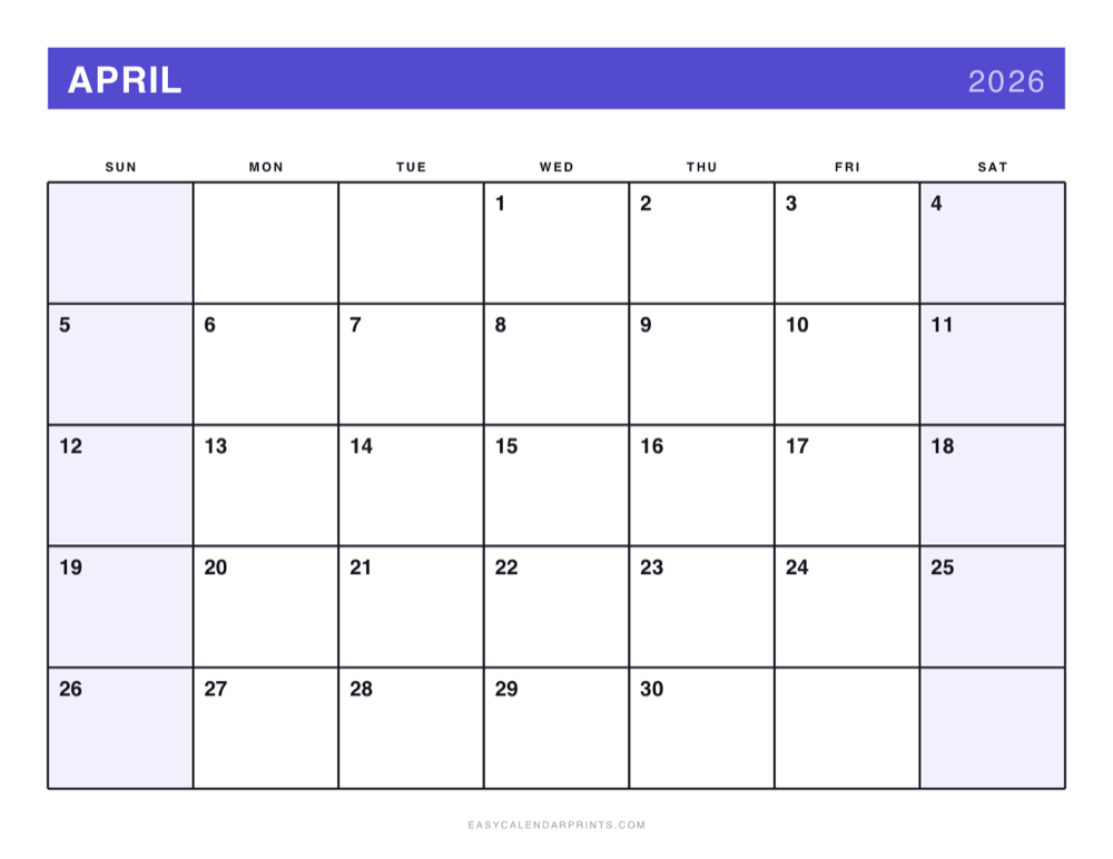 First page of the April 2026 calendar — Bold Primary, a free printable PDF
