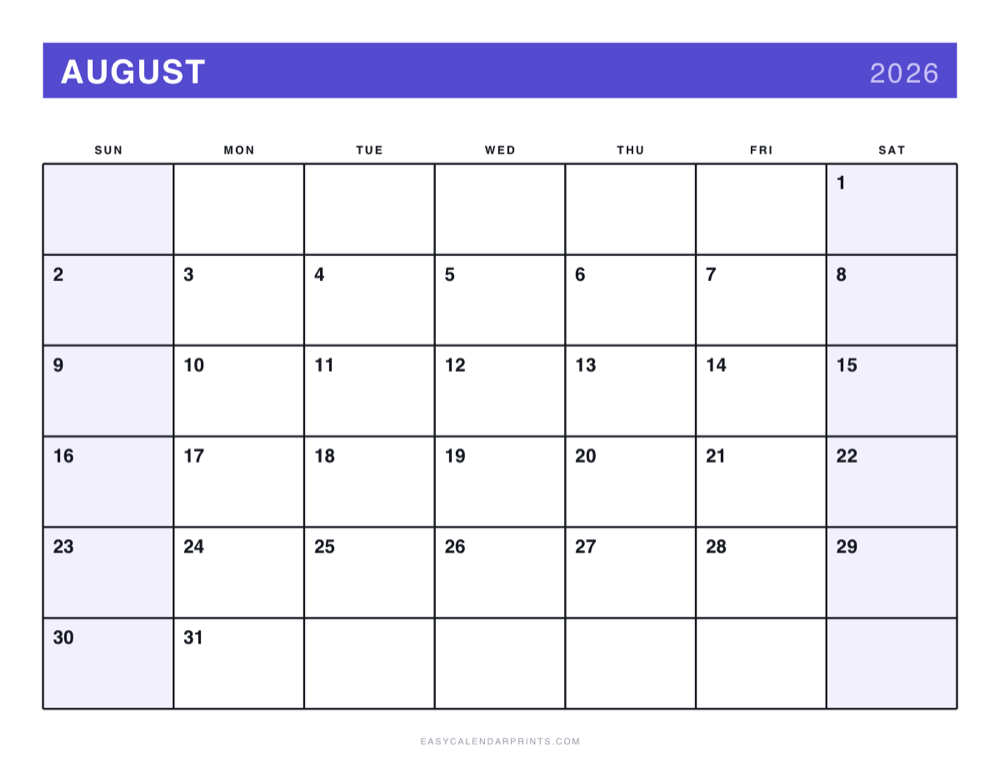 First page of the August 2026 calendar — Bold Primary, a free printable PDF