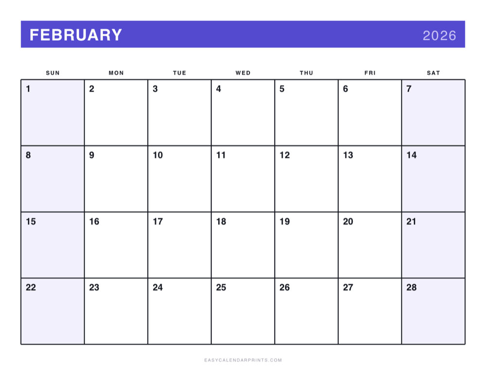First page of the February 2026 calendar — Bold Primary, a free printable PDF
