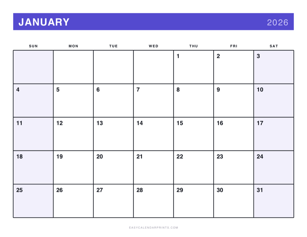 A free printable 2026 calendar PDF, Bold Primary style