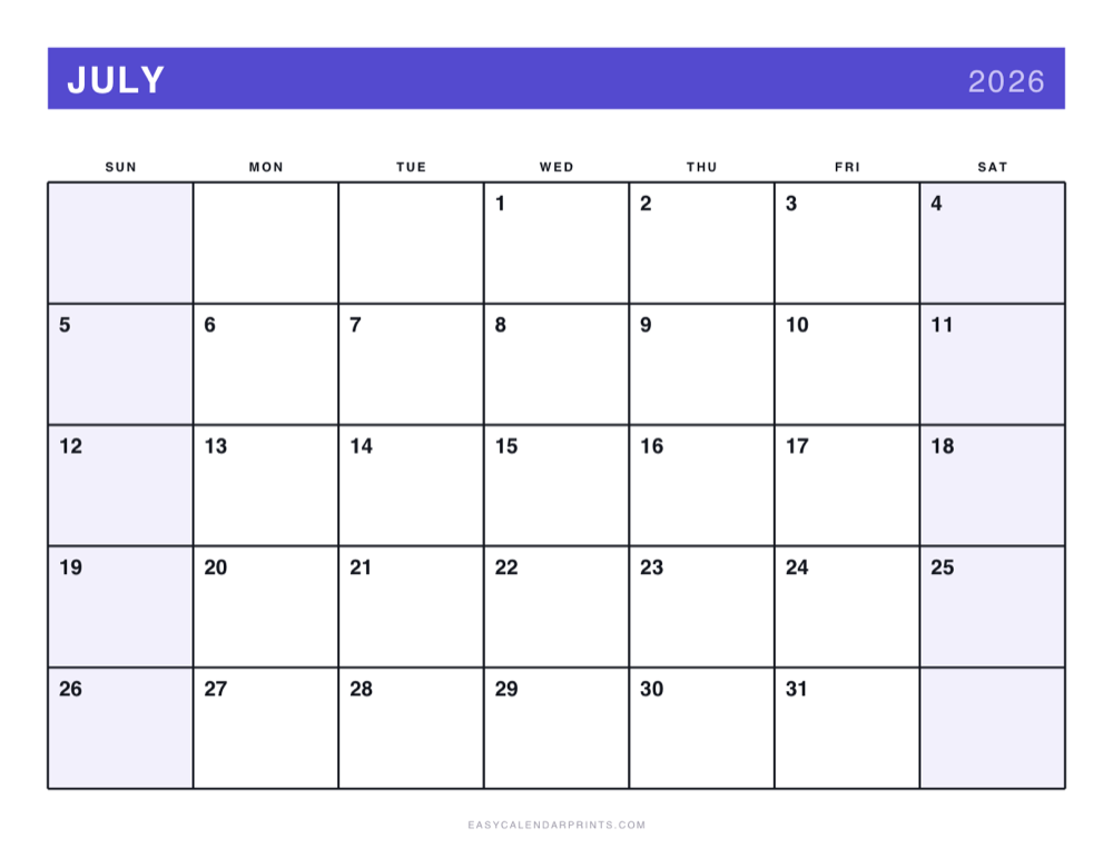 First page of the July 2026 calendar — Bold Primary, a free printable PDF