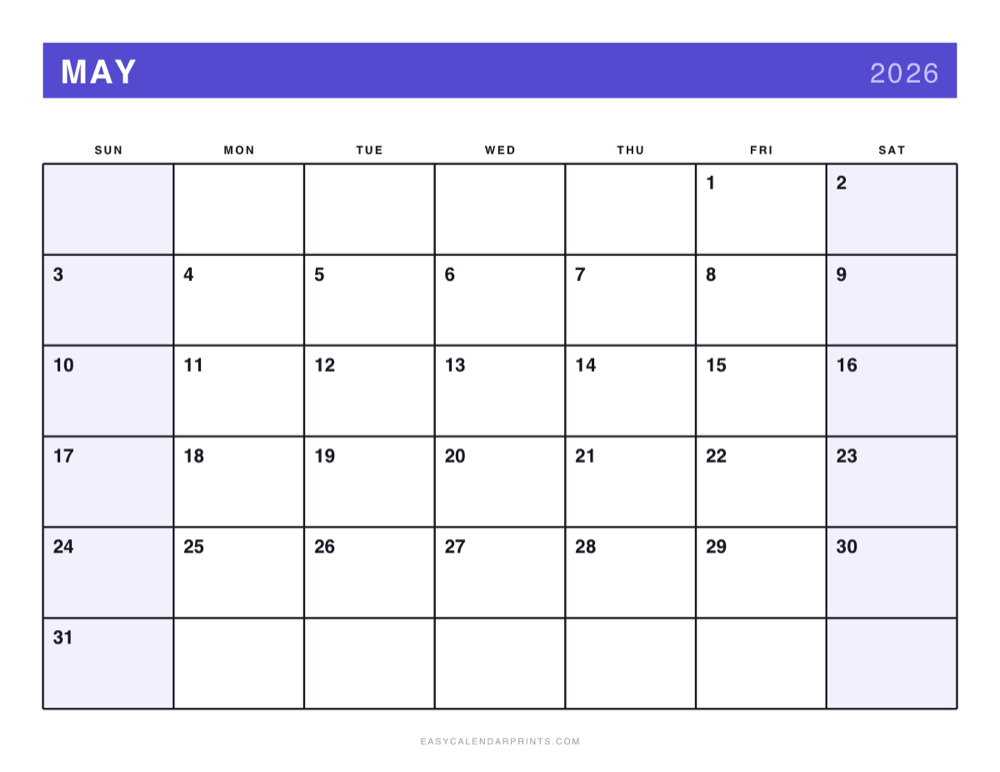 First page of the May 2026 calendar — Bold Primary, a free printable PDF