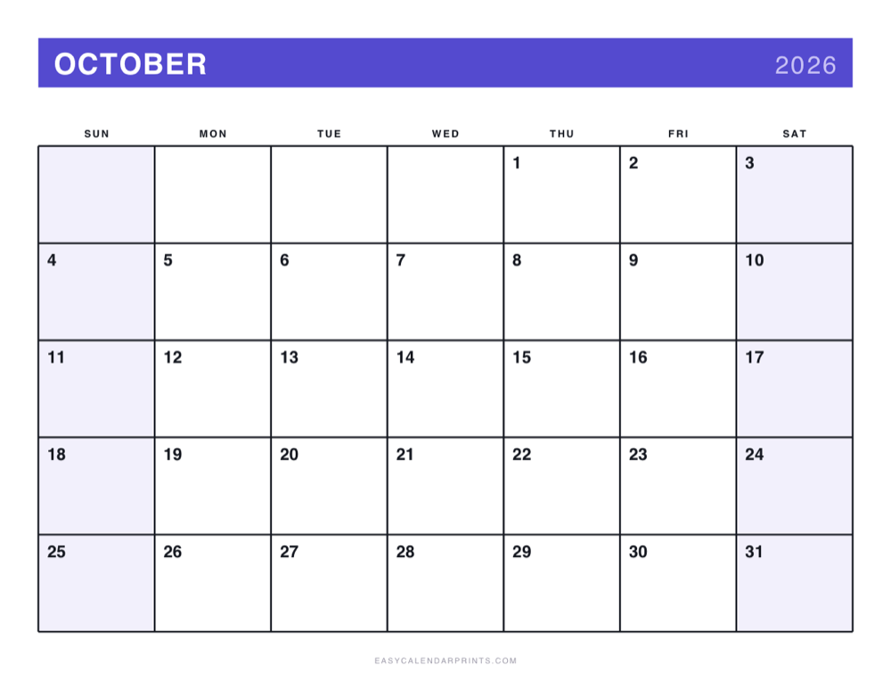 First page of the October 2026 calendar — Bold Primary, a free printable PDF