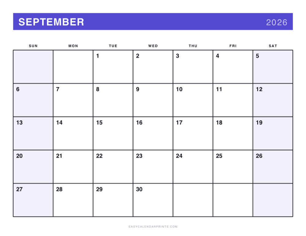First page of the September 2026 calendar — Bold Primary, a free printable PDF