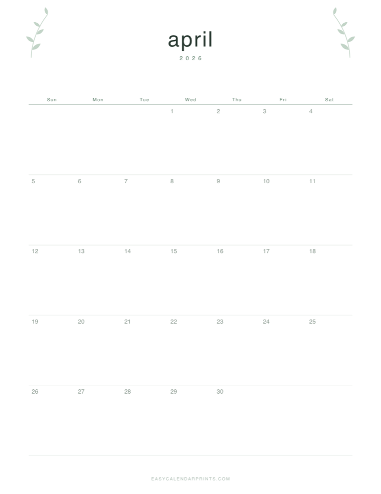 First page of the April 2026 calendar — Botanical Line, a free printable PDF