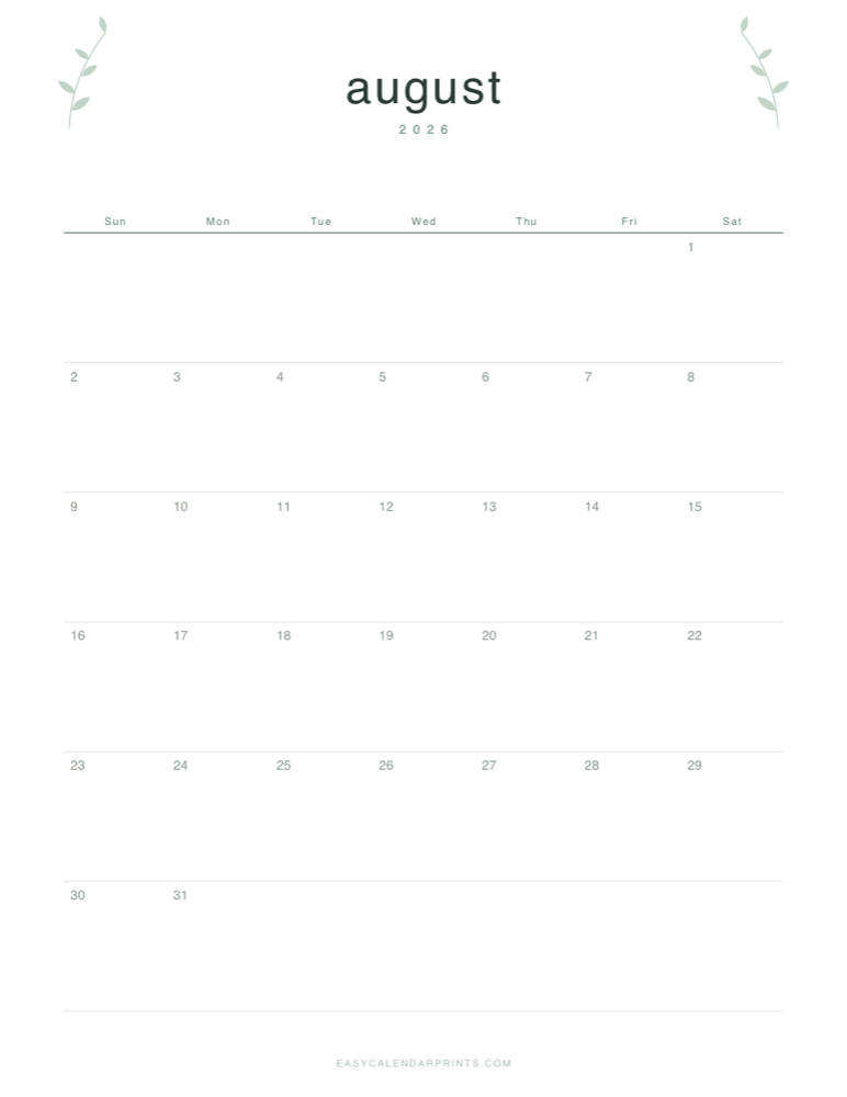 First page of the August 2026 calendar — Botanical Line, a free printable PDF
