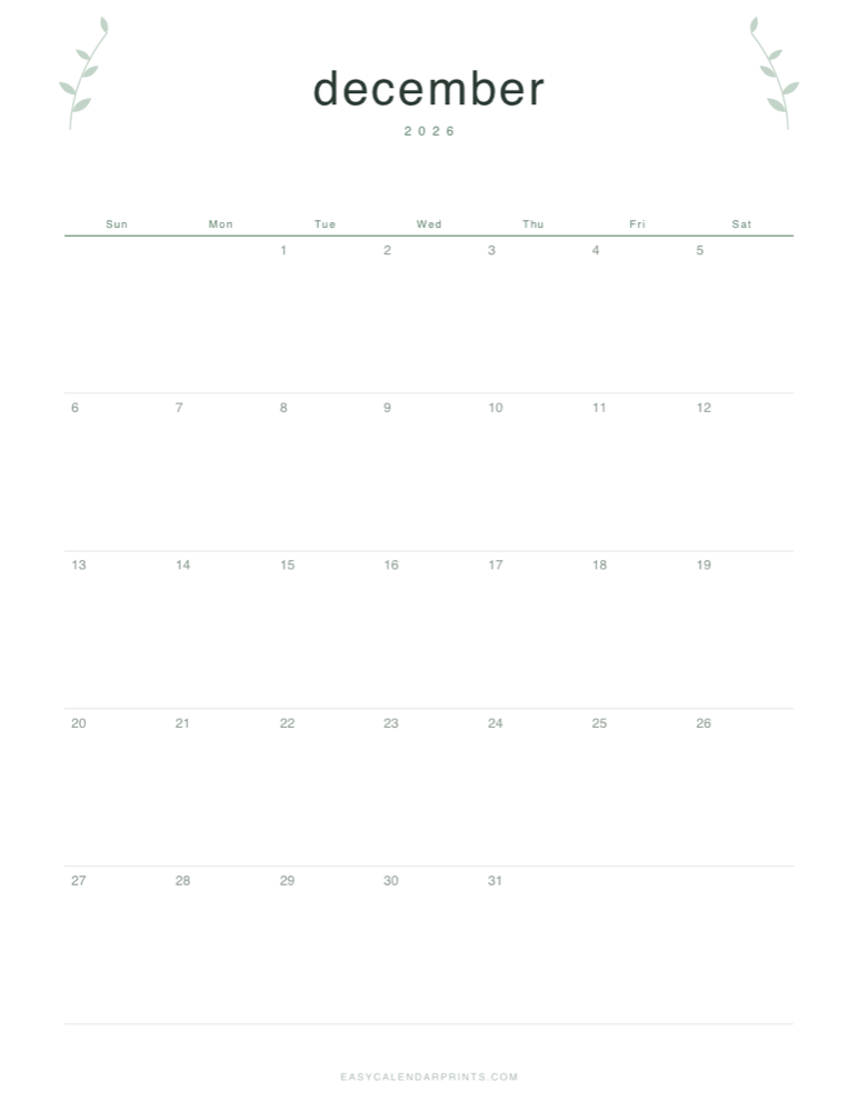 First page of the December 2026 calendar — Botanical Line, a free printable PDF