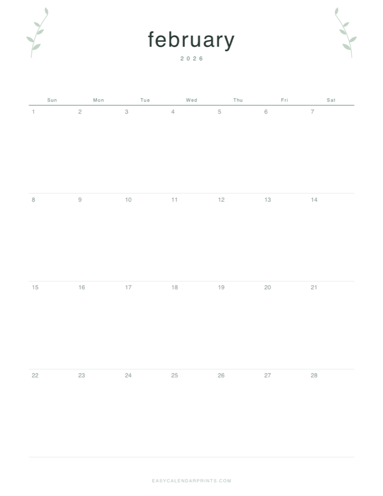 First page of the February 2026 calendar — Botanical Line, a free printable PDF