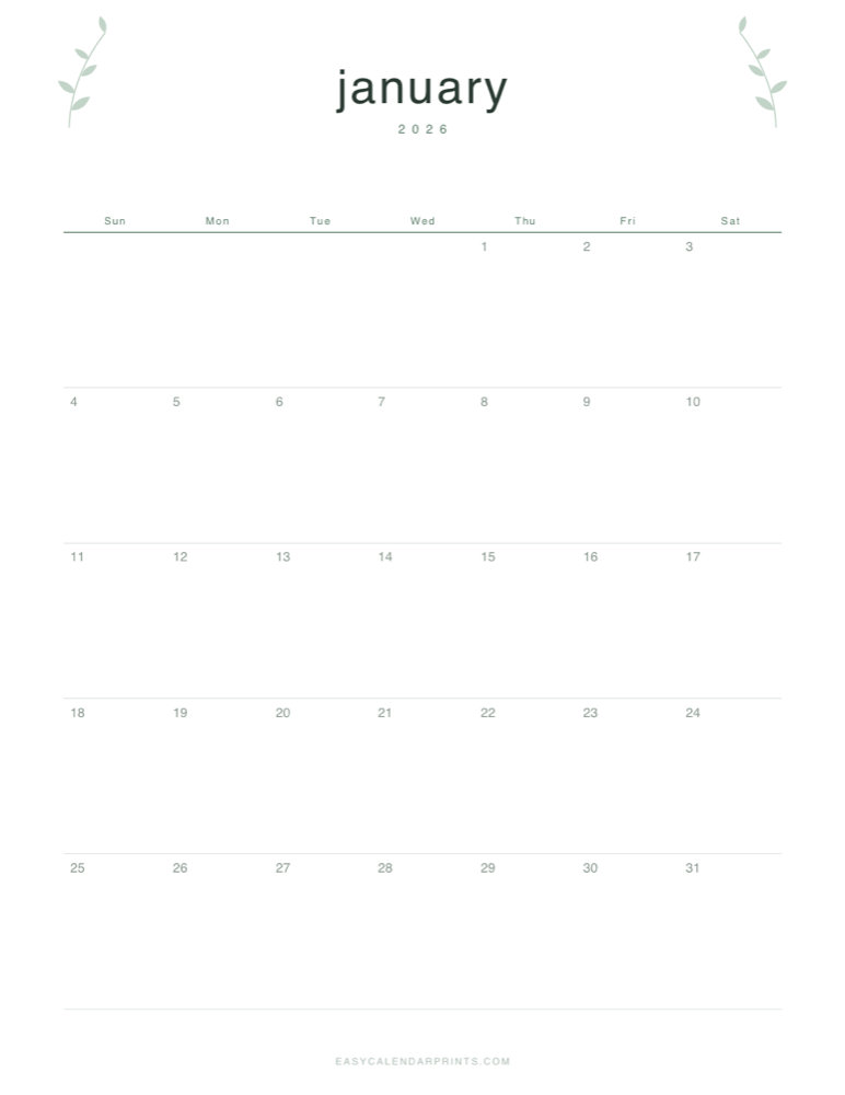 First page of the Botanical Line 2026 calendar — full year, a free printable PDF