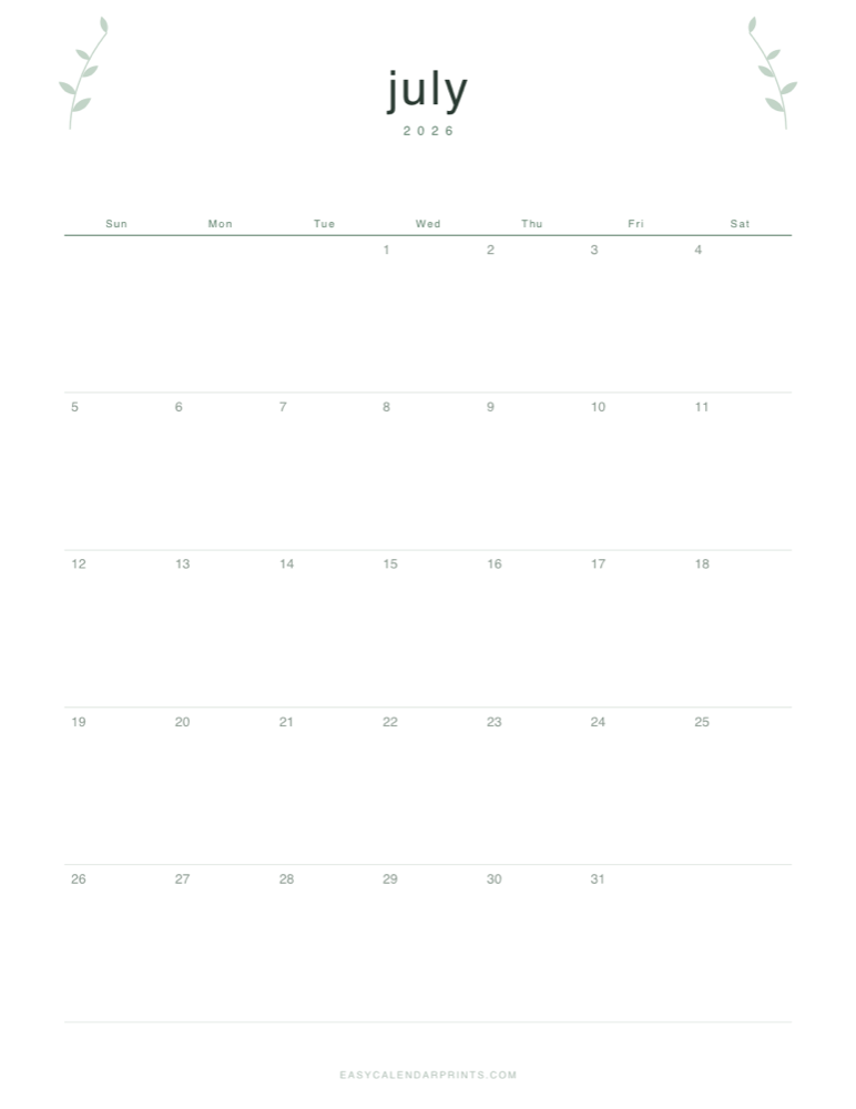 First page of the July 2026 calendar — Botanical Line, a free printable PDF